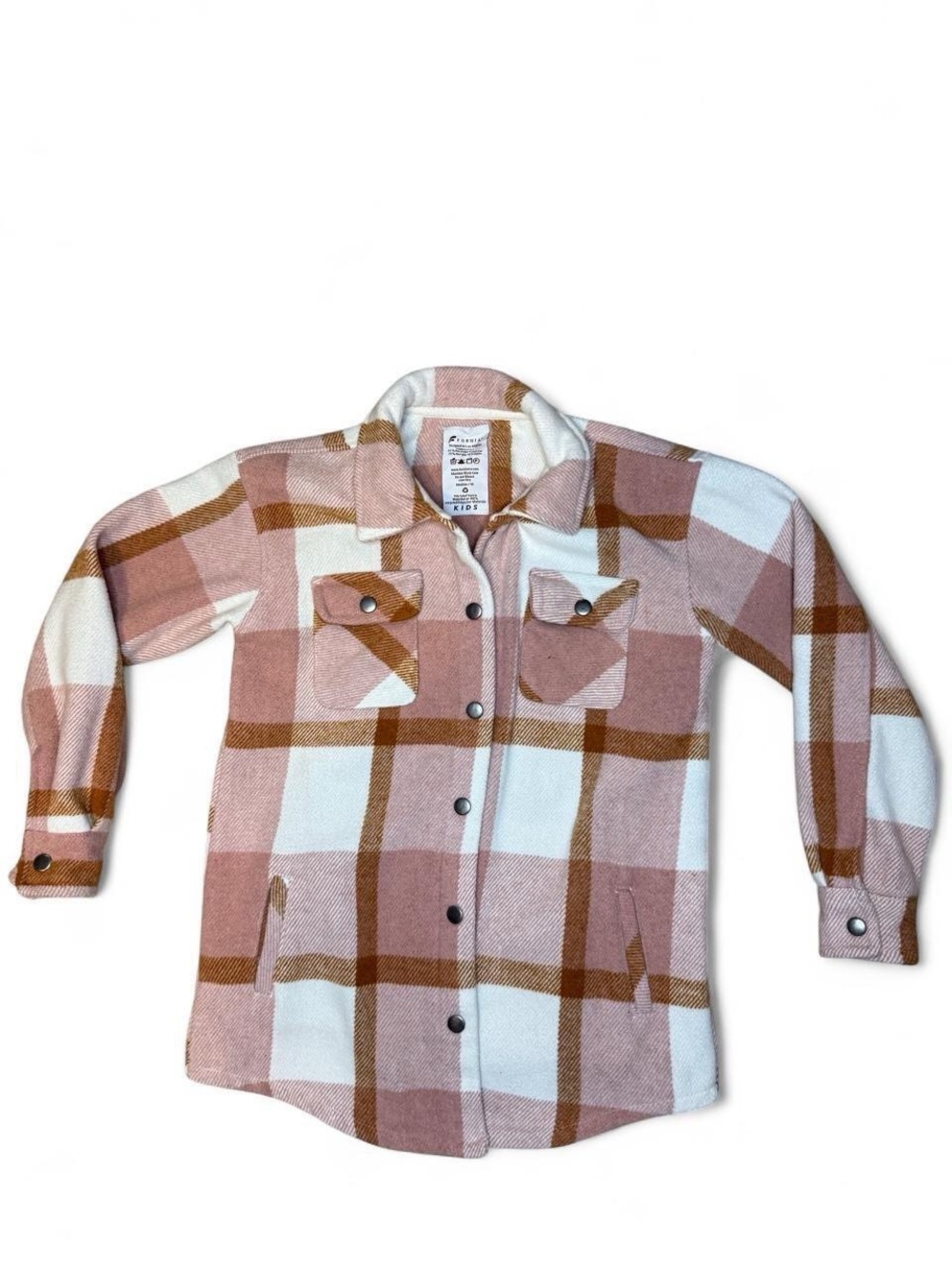 Girls 10 Plaid Shacket in Pink & White - Snap-Front Layering Jacket Fall